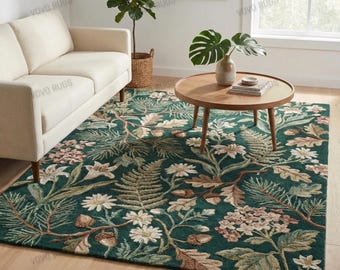 Hand Tufted Wool Rug: Botanical Forest, Green Floral