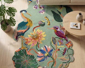 Hand-Tufted Wool Rug: Garden Song, Botanical Bird Art, Irregular Shape
