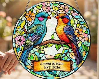 Personalized Couple  Stained Glass Suncatcher,Two Birds Window Hanging,Custom Wedding Gift for Bride & Groom,Love Birds Anniversary Gift