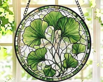 Glasmalerei Sonnenfänger - Ginkgoblatt Fensterschmuck - Runde grüne botanische Kunst - Stil Glasmalerei-Dekor für Haus, Küche oder Garten