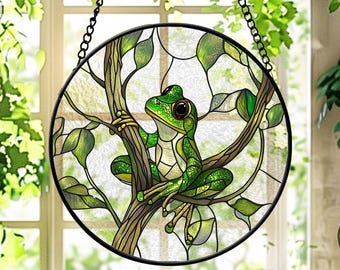Frog Stained Glass Suncatcher - Green Tree Frog on Branch, Nature Window Hanging, Tropical Garden Decor