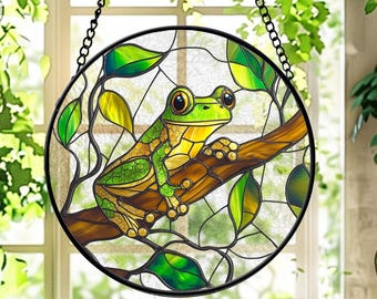 Tree Frog Stained Glass Suncatcher - Green Tree Frog on Branch, Nature Window Hanging, Tropical Garden Decor