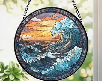 Stained Glass Ocean Wave Suncatcher – Sunset Beach Scene Round Window Hanging