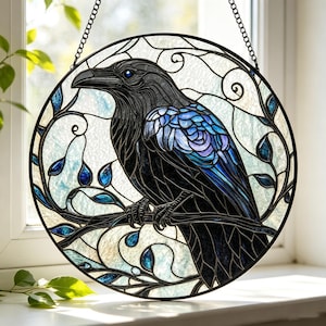 Raaf glas-in-lood suncatcher, gotische kraai raamkunst, woondecoratie, housewarmingcadeau