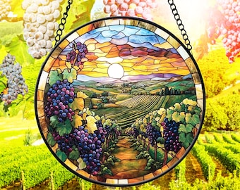 Acchiappasole in vetro colorato con vigneto – Tramonto sui campi d'uva – Arte della regione vinicola – Decorazione per finestre con paesaggio – Pannello rotondo in vetro colorato da appendere