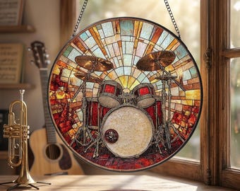 Stained Glass Drum Set Suncatcher – Rock Music Art – Vintage Musical Instrument  Window Decor  –  Music Lover Gift