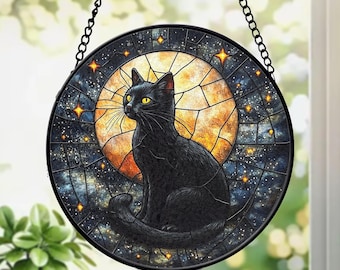 Stained Glass Black Cat Suncatcher – Moon and Stars Window Hanging, Gothic Witchy Art
