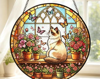 Atrapasueños encantador con forma de gato para jardín – Arte en vidrieras – Atrapasueños de naturaleza hecho a mano – Decoración de jardín tropical