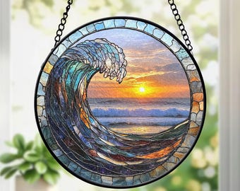 Stained Glass Ocean Wave Suncatcher – Sunset Beach Scene Round Window Hanging