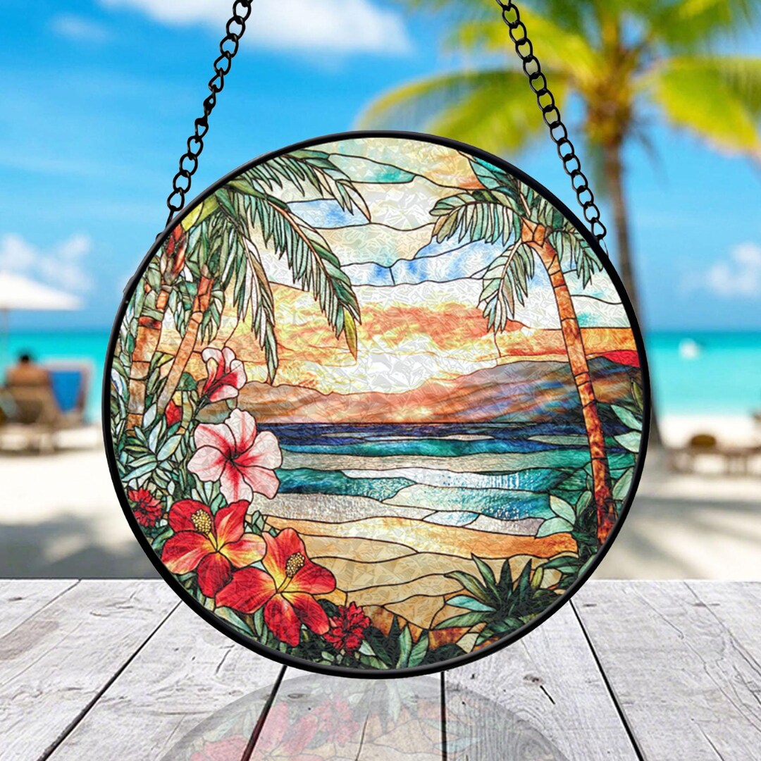 Tropical Beach Sunset Stained Glass Suncatcher | Circular Mosaic Window ...