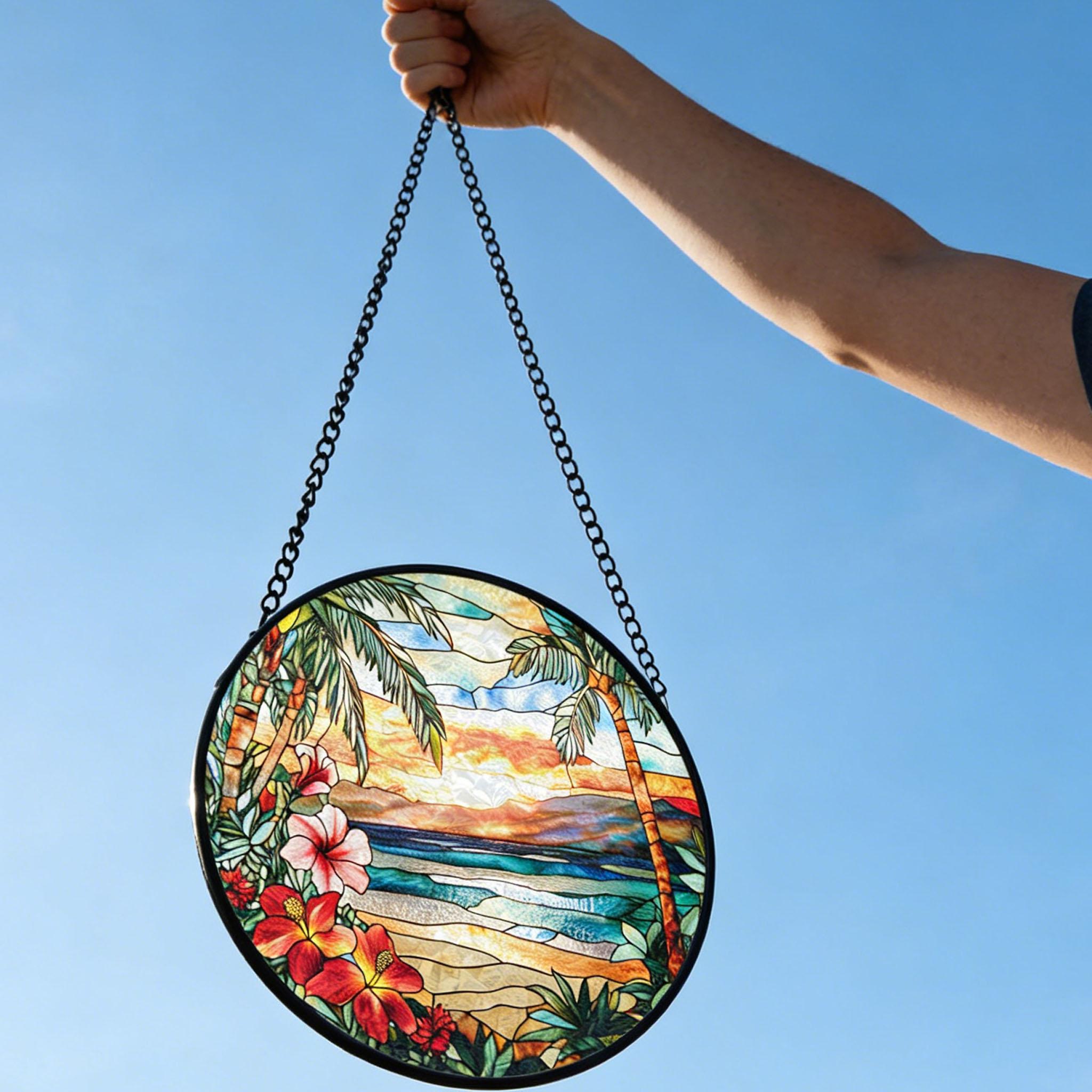 Tropical Beach Sunset Stained Glass Suncatcher | Circular Mosaic Window ...