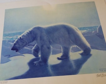 Gift for Him, Fred Machetanz "Midday Moonlight" Signed Lithograph - Alaskan Artist Vintage Print - Polar Bear on Ice Cap