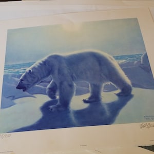 Gift for Him, Fred Machetanz &quot;Midday Moonlight&quot; Signed Lithograph - Alaskan Artist Vintage Print - Polar Bear on Ice Cap
