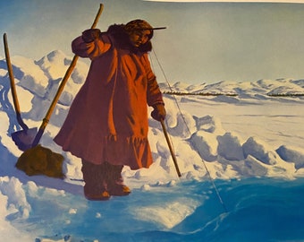 Fred Machetanz "Winter Harvest" Signed Lithograph - Alaskan Artist Vintage Print - Red Coat Native Alaskan Hunter in Ice Glaciers