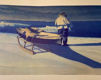 Fred Machetanz "Decision on the Ice Field" Signed Lithograph - Alaskan Artist Vintage Print - Native Alaskan Hunter with Sled