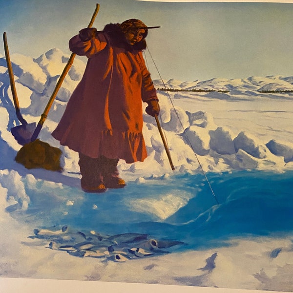 Fred Machetanz "Winter Harvest" Signed Lithograph - Alaskan Artist Vintage Print - Red Coat Native Alaskan Hunter in Ice Glaciers