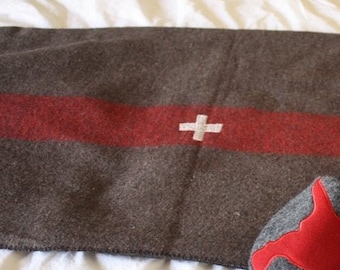 Wool Swiss Army Blanket, Retro Lake House Décor, Dark Brown Blanket with Red Stripes / Ready to Ship Priority Mail