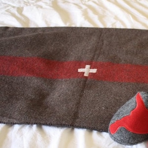 Swiss Army Blanket, Lake House Décor, Dark Brown Blanket with Red Stripes / Ready to Ship Priority
