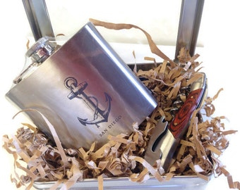 San Diego Flask Gift Tin / Gift for Dad / California / Stainless Steel Hip Flask / Anchor Flask