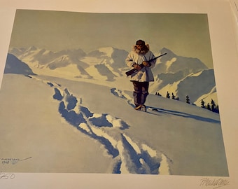 Fred Machetanz "Moose Tracks" Signed Lithograph - Alaskan Artist Vintage Print - Native Alaskan Hunter in Snow Tracks