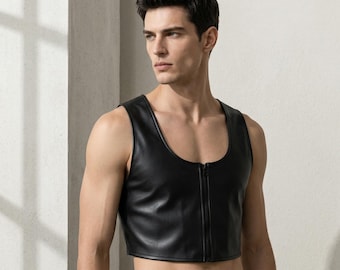 Men's Black Faux Leather Zip-Up Crop Tank Top, Edgy Streetwear Vest