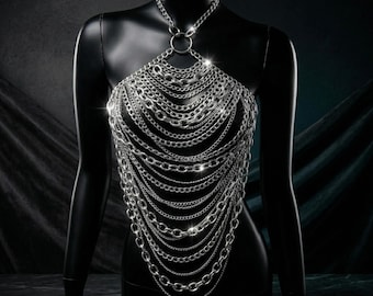 Women's silver multi-layer chain halter body harness top, edgy & sparkly, perfect for clubs, festivals, raves, and night-out looks.