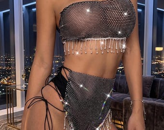 Sparkly rhinestone mesh 2-piece set with fringe & tie details for raves, festivals, and beach parties.
