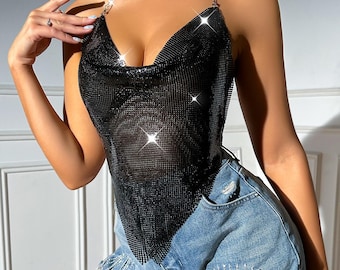 Women's metallic mesh chainmail cowl neck halter bandana top, backless & sparkly, perfect for clubs, festivals, raves, and night-out looks.
