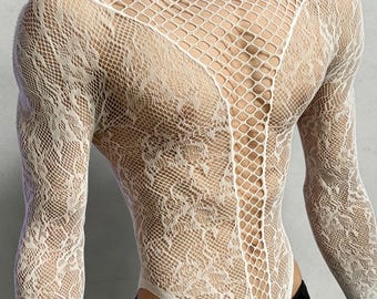 Men's sheer lace mesh long sleeve bodysuit, geometric cutout, high neck, stretchy, perfect for clubs, festivals, pride, and night-out looks.