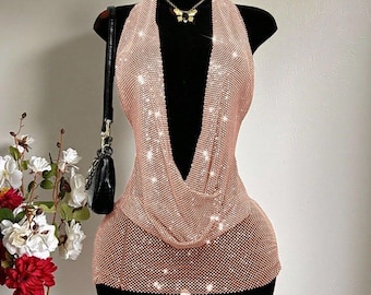 Rhinestone mesh draped neckline and backless mini dress, fitted cut, adjustable tie, sparkly and shimmering.