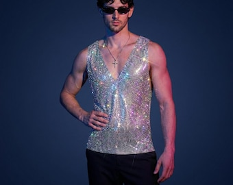 Men's silver rhinestone deep V-neck tank top, full sparkly mesh, one-size, perfect for clubs, festivals, parties, and night-out looks.