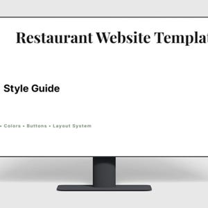 Pode incluir: Um monitor de computador exibe uma tela branca com o texto "Restaurant Website Template" no topo. Abaixo, lê-se "Style Guide", seguido de "Fonts • Colors • Buttons • Layout System". O monitor tem uma base preta e um fundo cinza claro.