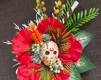 Friday the 13th Jason Halloween -Tropical Horror Hair Flower for Tiki Oasis Luau Tiki Caliente VLV Pinup Dapper Day