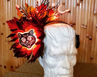 Deluxe Halloween Cat Light Up Headband Fascinator Hairflower Fall Leaves for Dapper Day Halloween Comic Con Cosplay