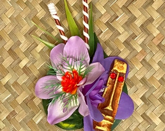 The Krakatoa- Lavender and Purple Flower Hair Clip with Tiki for Oasis Luau Caliente VLV Pinup