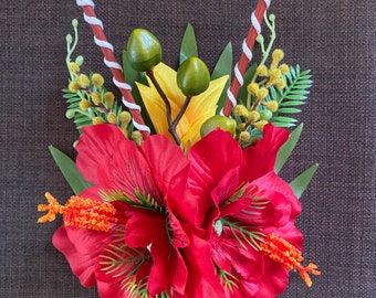 The Kahiki-Tropical Red Hibiscus Hair Clip for Oasis Luau Caliente VLV Luau