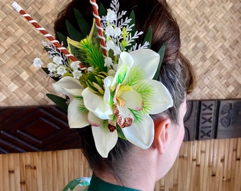 The Kahiki-Tropical White Orchid Hair Clip for Oasis Luau Caliente VLV Luau