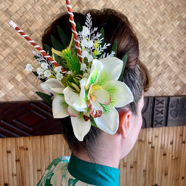 The Kahiki-Tropical White Orchid Hair Clip for Oasis Luau Caliente VLV Luau