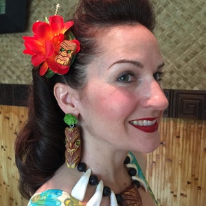 The Krakatoa Red Orange Yellow Pink Purple White Flower Hair Clip for Tiki Oasis Luau Caliente VLV Pinup image 2