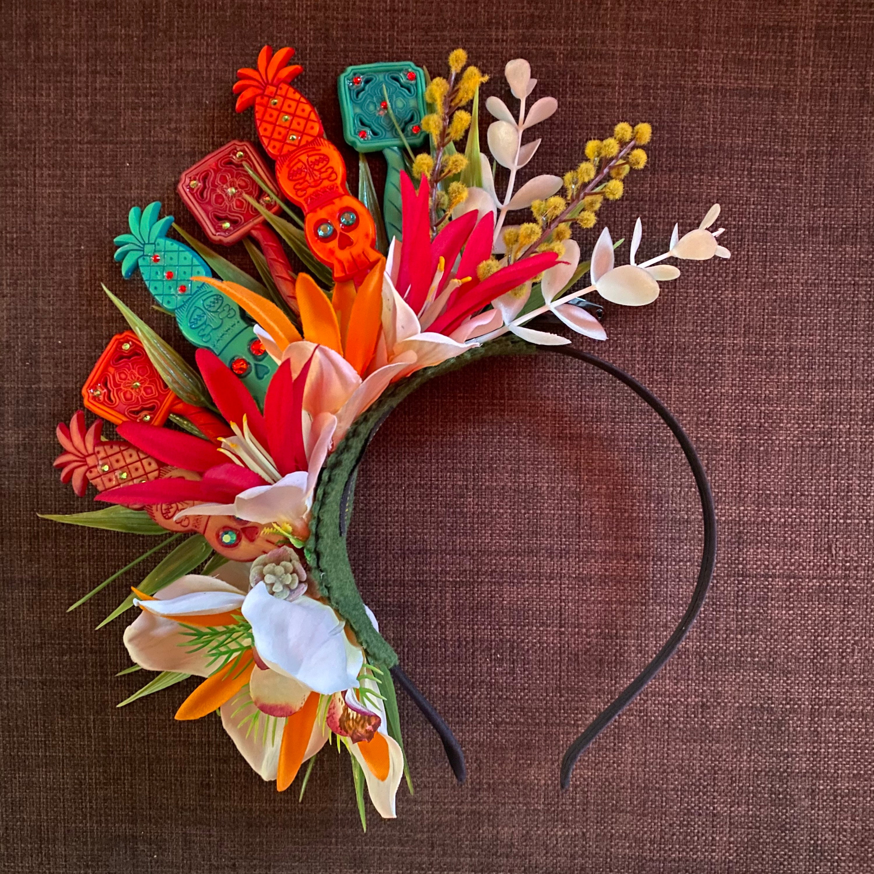 Lovely Retro Mermaid & Floral Tiki Crown By Fancy Fruits-Hair Crown/Tiki Crown Monkey Banana Tropical Headband, Tiki Jungle Orchids Flower  main image 3
