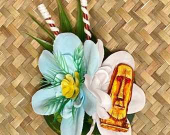 The Krakatoa- Blue and White Flower Hair Clip with Tiki for Oasis Luau Caliente VLV Pinup