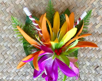 The Floof- Orange  Yellow Purple Red Hair Clip for Tiki Oasis Luau Caliente VLV Pinup