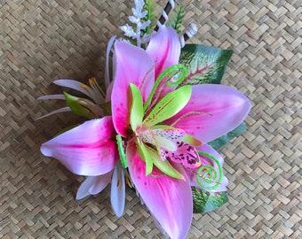 Stargazer Lily with Infinity Center-Pink White and Green Hairflower Hair Clip for  Tiki Oasis Luau Tiki Caliente VLV Pinup Dapper Day