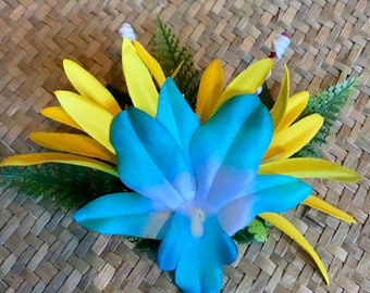 The Floof- Turquoise and YellowFlower Hair Clip for Tiki Oasis Luau Caliente VLV Pinup