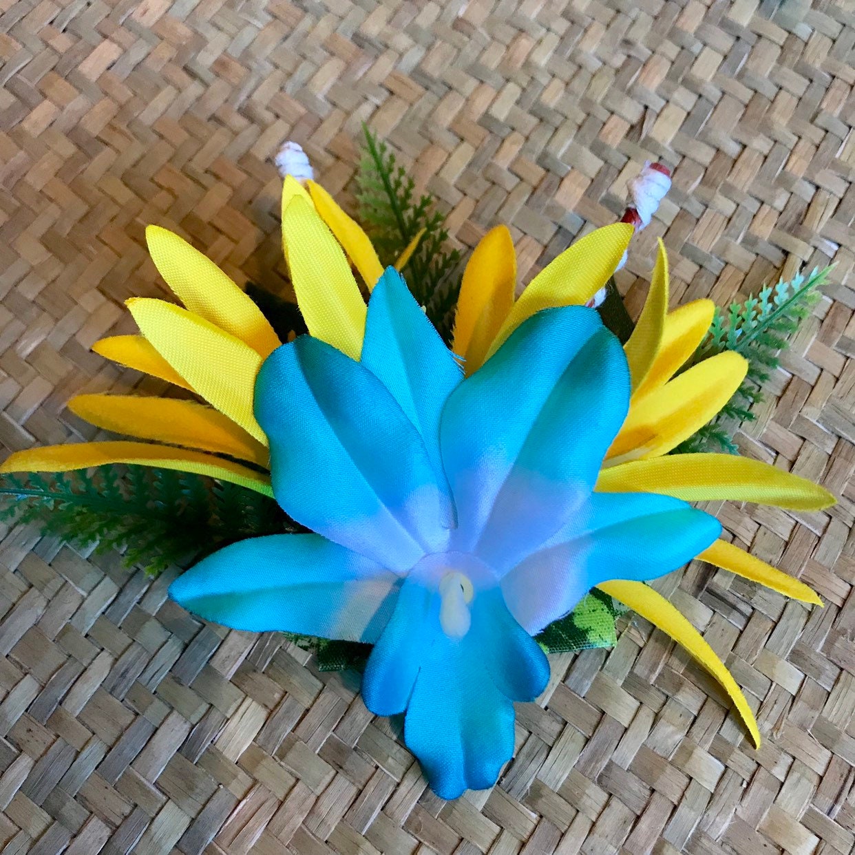 Big Dimensional Yellow Daffodils Dahlia Tiki Ti Swizzle Luau Floral XL Hair Clip Golden Yellow Dahlia Flower Hair Clip – Flora and the Fox main image 3