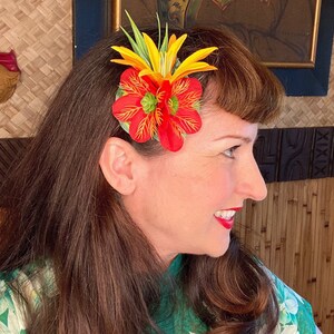 The Baby Floof Red Orange Yellow Tropical Hair Clip for Tiki Oasis Luau Tiki Caliente VLV Pinup Dapper Day image 3