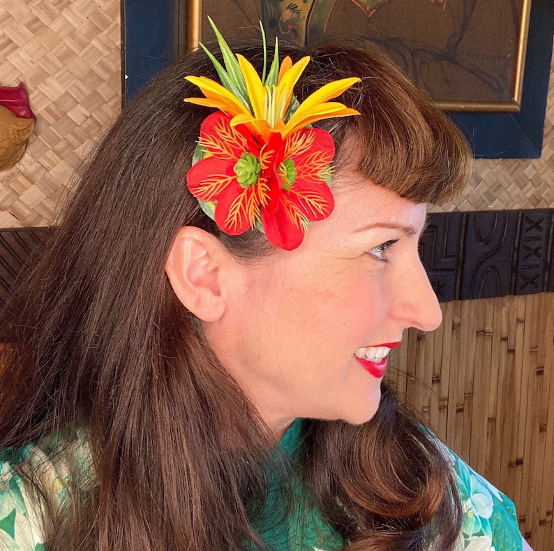 The Baby Floof Red Orange Yellow Tropical Hair Clip for Tiki Oasis Luau Tiki Caliente VLV Pinup Dapper Day image 3