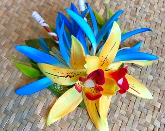 Pinza para el cabello Floof - Azul, Amarillo y Rojo para Tiki Oasis Luau Caliente VLV Pinup