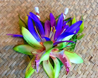 The Floof-Green and purple  Flower Hair Clip for Tiki Oasis Luau Caliente VLV Pinup