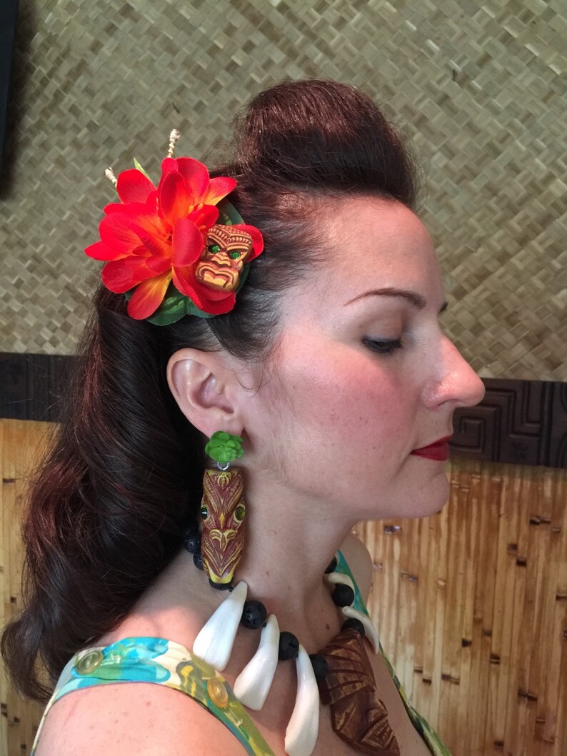 The Krakatoa Red Orange Yellow Pink Purple White Flower Hair Clip for Tiki Oasis Luau Caliente VLV Pinup image 3